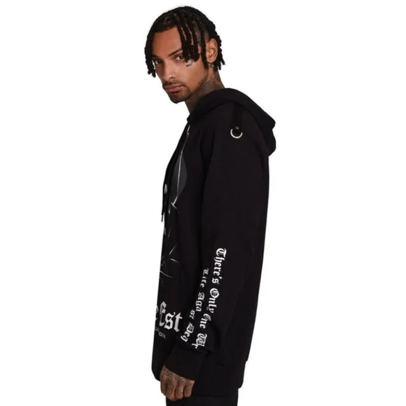 Killstar ✦ Mortale Hoodie ✦ XS Unisex Black Cotton Pullover Graphic Sleeves NWT